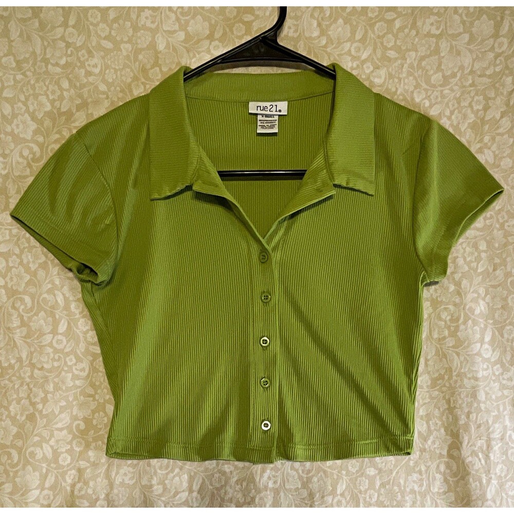 Y2K fashion rue21 Green Solid Ribbed Knit Collared Button Cropped Top Womens XS